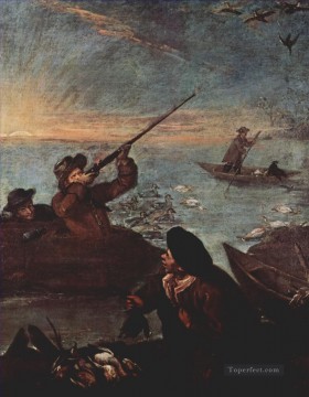 Classical Painting - hunters shooting at ducks
